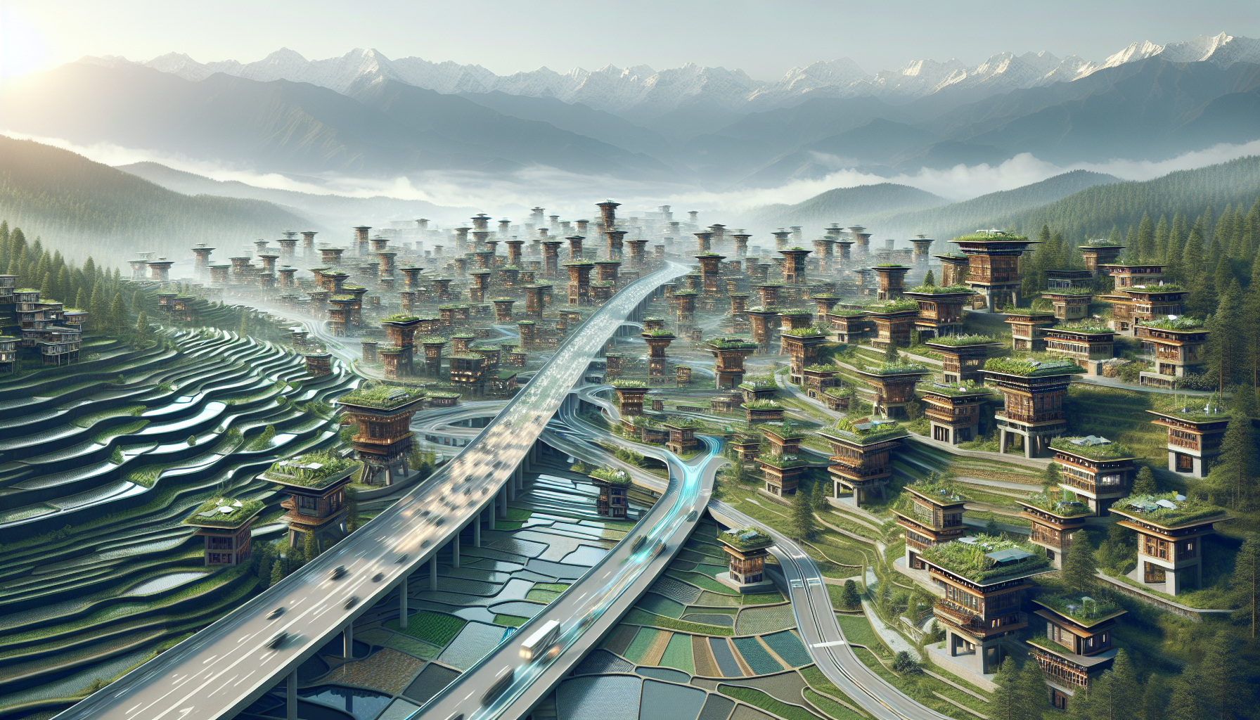 Концепция Гелепхума: малоэтажный зеленый город в Гималаях.