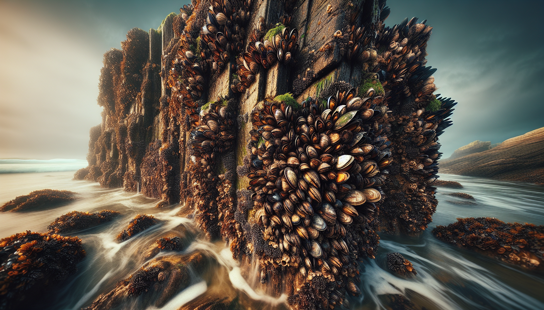 Скалы Пляжа Соборов покрыты мидиями и другими организмами — они буквально живые.