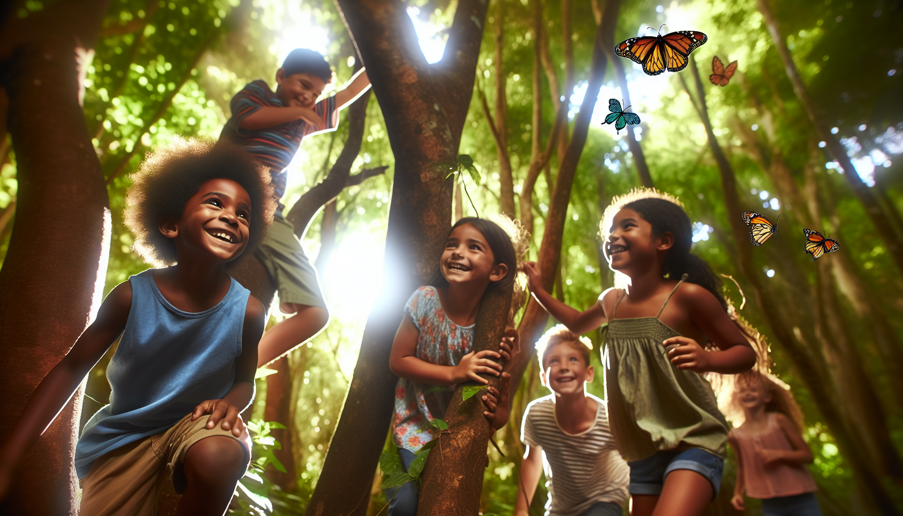 Дети исследуют лес Алегрии — естественная игровая площадка.